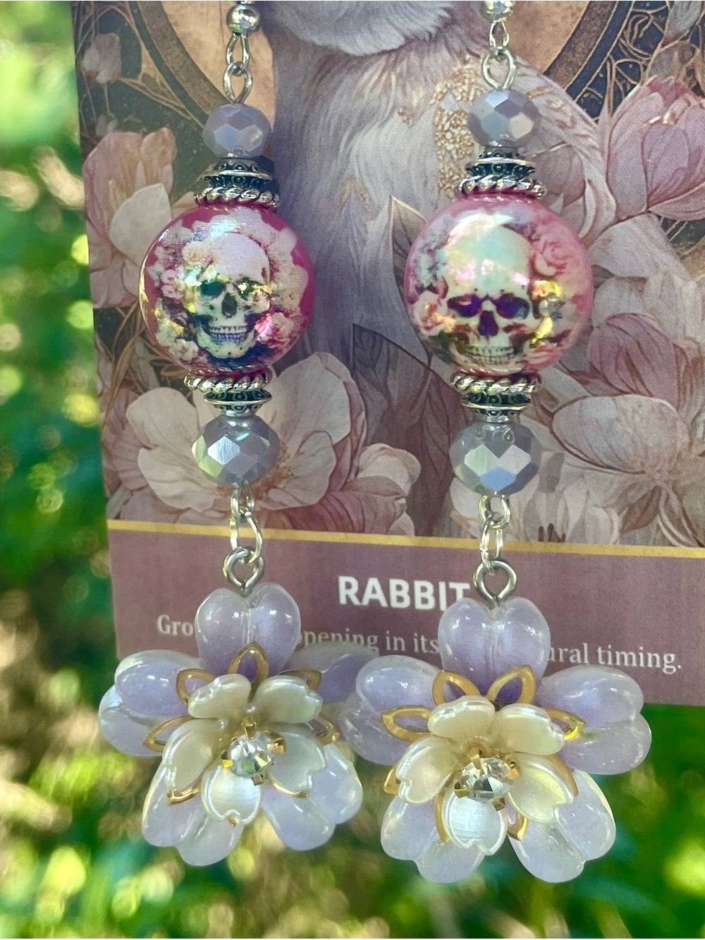 Hand Crafted Lavender and Pink Floral Skull Drop Earrings